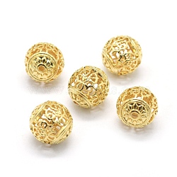 Hollow Brass Beads, Round, Real 18K Gold Plated, 13.5mm, Hole: 1.8mm(KK-L184-66C)