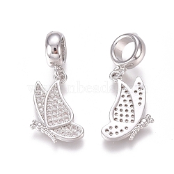 Brass Micro Pave Clear Cubic Zirconia European Dangle Charms, Large Hole Pendants, Butterfly, Platinum, 25mm, Hole: 5mm, Butterfly: 17x12x2mm(ZIRC-I036-23P)