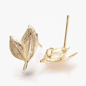 Brass Ear Stud Findings, with Loop, Nickel Free, Real 18K Gold Plated, Leaf, 15.5x10mm, Hole: 2mm, pin: 0.5mm