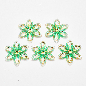 Transparent Acrylic Links connectors, with Plated Bottom, Flower, Lime Green, 30x26x3mm, Hole: 1mm