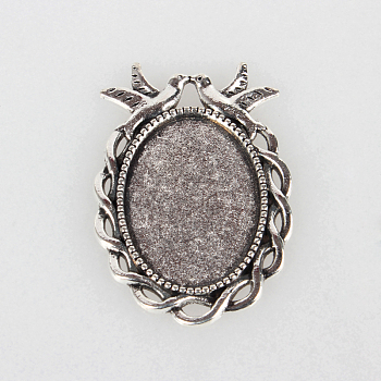 Tibetan Style Alloy Pendant Cabochon Settings, Cadmium Free & Lead Free, Oval with Birds, Antique Silver, Tray: 18x25mm, 38x27x2mm, Hole: 3x4mm