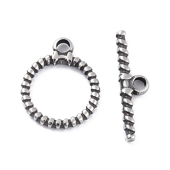 304 Stainless Steel Toggle Clasps, Ring, Antique Silver, Ring: 19x15.5x2mm, Bar: 6x23x2.5mm, Hole: 2.6mm