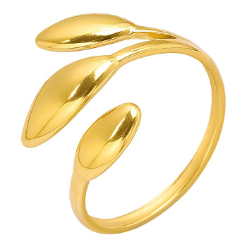 Vintage 304 Stainless Steel Three-Leaf Open Cuff Ring for Women, Golden, Inner Diameter: 17mm