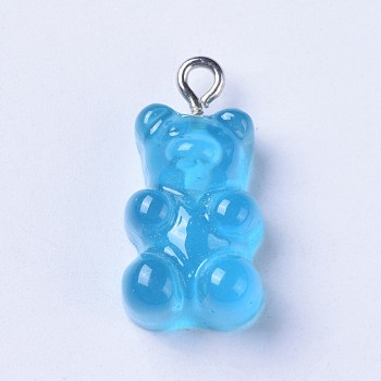 Resin Pendants, with Metal Findings, Bear, Platinum, Deep Sky Blue, 21~22x10.5~11.5x6~7mm