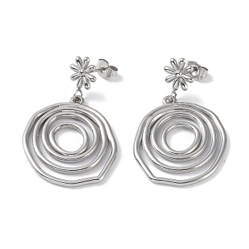 Ring 304 Stainless Steel Dangle Earrings, Flower Stud Earrings for Women, Platinum, 39.5x24.5mm