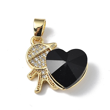 Real 18K Gold Plated Rack Plating Brass Micro Pave Clear Cubic Zirconia Pendants, with Glass, Long-Lasting Plated, Cadmium Free & Lead Free, Boy with Heart Charm, Black, 19.5x18x7.5mm, Hole: 5.5x3.5mm
