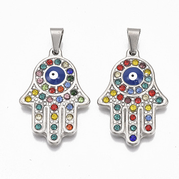 304 Stainless Steel Pendants, with Colorful Rhinestone,Iron Snap On Bails and Enamel, Hamsa Hand/Hand of Fatima/Hand of Miriam with Evil Eye, Stainless Steel Color, 38x25x4mm, Hole: 5x7mm