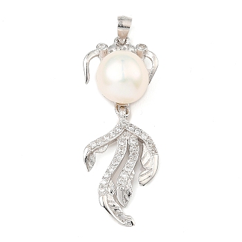 Rhodium Plated 925 Sterling Silver Pendants, with Cubic Zirconia and Natural Pearl Beads, Fish Charms, with S925 Stamp, Real Platinum Plated, 35x13x9mm, Hole: 3x2.5mm