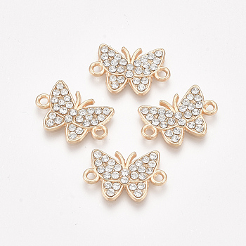 Alloy Links connectors, with Rhinestone, Butterfly, Crystal, Golden, 13x19x2mm, Hole: 1.5mm