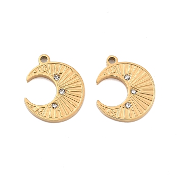 Ion Plating(IP) 304 Stainless Steel Rhinestone Pendants, Moon Charm, Golden, 16.5x14x1.5mm, Hole: 1.5mm