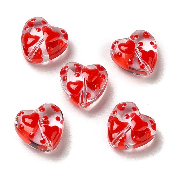 Transparent Glass Beads, with Enamel Wave Pattern, Heart, Red, 12x12x6.5mm, Hole: 1mm