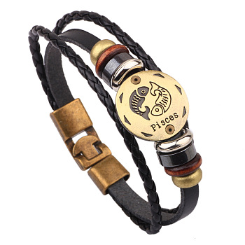 Braided Leather Cord Retro Multi-strand Bracelets, with Wood Beads, Hematite Beads and Alloy Findings, Flat Round,  Antique Bronze, Pisces, 8-1/4 inch(21cm)