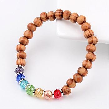 Wood Round Bead Kids Bracelets Stretch Bracelets, with Glass Beads and Alloy Findings, Colorful, 44mm