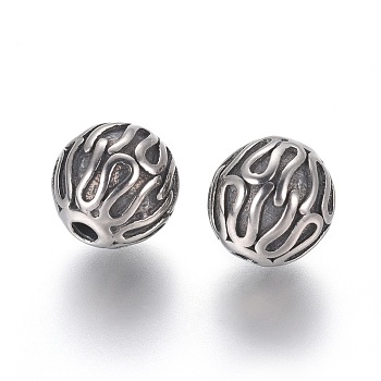 304 Stainless Steel Beads, Round, Antique Silver, 9.5mm, Hole: 2mm