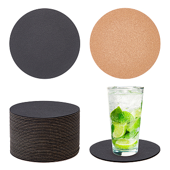 PU Imitation Leather Coasters, Cup Mats, with Cork Bottom, Flat Round, Black, 102x2mm