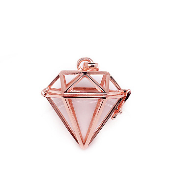 Brass Bead Cage Pendants, for Chime Ball Pendant Necklaces Making, Hollow Diamond Charm, Rose Gold, 39x30mm