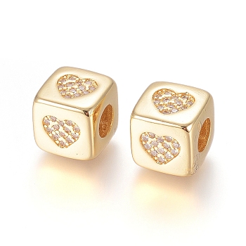 Brass Micro Pave Cubic Zirconia European Beads, Large Hole Beads, Long-Lasting Plated, Cube with Heart Pattern, Clear, Golden, 9x9x9.5mm, Hole: 4.5mm