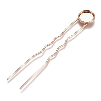Iron Hair Fork Findings, with Flat Round Brass Cabochon Settings, Long-Lasting Plated, Light Gold, Tray: 10mm, 78x12x3mm