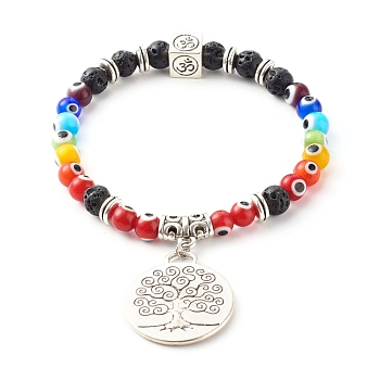 Handmade Lampwork Evil Eye Stretch Charm Bracelets, with Natural Lava Beads and Tibetan Style Alloy Charm, Flat Round with Tree of Life, Colorful, Inner Diameter: 2-1/4 inch(5.6cm)