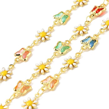 Handmade Brass Enamel Flower & Butterfly Link Chains, with Glass, Long-Lasting Plated, Soldered, with Spool, Colorful, 11x7x2mm, 12.5x7.5x2mm