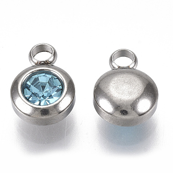 Rhinestone Charms, March Birthstone Charms, with 201 Stainless Steel, Flat Round, Stainless Steel Color, Aquamarine, 9x6.5x4mm, Hole: 1.8mm