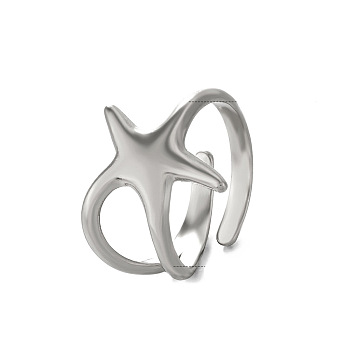 Stainless Steel Open Cuff Rings, Jewely for Women, Starfish, Stainless Steel Color, US Size 8(18.1mm)