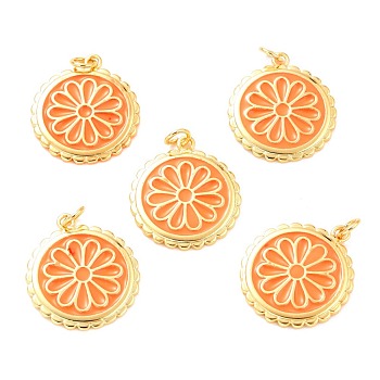Real 18K Gold Plated Brass Pendants, with Enamel, Long-Lasting Plated, Flat Round with Flower, Orange, 22.5x19.5x2mm, Jump Ring: 5x1mm, 3mm Inner Diameter