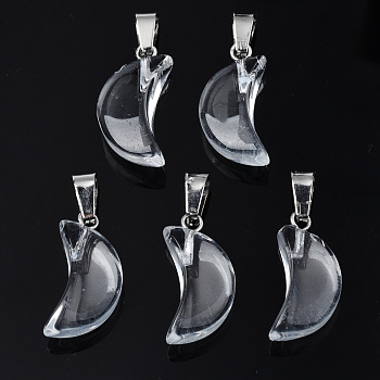 Transparent Spray Painted Glass Pendants, with Platinum Plated Brass Bails, Moon, Clear, 21.5x10.5x6mm, Hole: 4mm