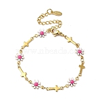 Ion Plating(IP) Enamel Flower & Cross Link Chain Bracelet, Gold Plated 304 Stainless Steel Jewelry for Women, Cerise, 6-5/8 inch(16.9cm)(BJEW-C023-01G-02)