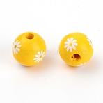 Schima Superba Wood Beads, Dyed, Round with Daisy, Large Hole Beads, Yellow, 15.5x14mm, Hole: 4mm(WOOD-TAC0003-92E)