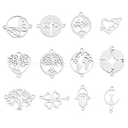 12Pcs 12 Styles 201 Stainless Steel Connector Charms, Heart & Flat Round with Tree & Compass, Mixed Shapes, Stainless Steel Color, 12~23x12.5~20x1mm, Hole: 1.2~1.5mm, 1pc/style(STAS-SZ0002-58)
