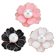 3Pcs 3 Colors Camellia Flower Enamel Pin with Imitation Pearl, Rose Gold Alloy Brooch for Backpack Clothes, Mixed Color, 31x31x16mm, 1Pc/color(JEWB-AN0001-01)