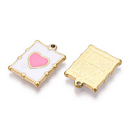 Vacuum Plating 201 Stainless Steel Enamel Pendants, Real 18K Gold Plated, Rectangle with Heart Charm, Pearl Pink, 20.5x15x2.5mm, Hole: 1.2mm(STAS-J401-VC1031)