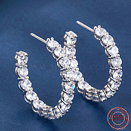 Rhodium Plated 925 Sterling Silver Ring Stud Earrings, Half Hoop Earrings with Cubic Zirconia, Platinum, 3x12mm(RE2963-1)
