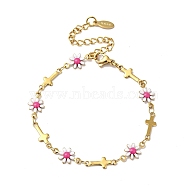 Enamel Flower & Cross Link Chain Bracelet, Gold Plated 304 Stainless Steel Jewelry for Women, Cerise, 6-5/8 inch(16.9cm)(BJEW-C023-01G-02)