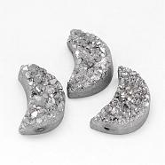 Electroplated Natural Druzy Quartz Crystal Beads, Moon, Silver Plated, 20x14x9~12mm, Hole: 1.5mm(G-G888-07A)