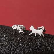 Stainless Steel Small Animal Stud Earrings for Women, Stainless Steel Color, Left and Right, Cat Shape, 60x40mm(PW-WG87B69-02)