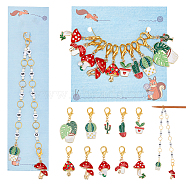 Knitting Row Counter Chains & Locking Stitch Markers Kits, with Mushroom & Cactus Alloy Enamel Pendant and Acrylic Beads, Mixed Color, 3.5~36.2cm, 11pcs/set(HJEW-AB00517)