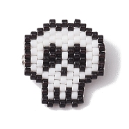 Halloween Skull Glass Seed Beads Brooch, with Iron Pins, White, 22x21mm(JEWB-BR00166)