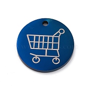 201 Stainless Steel Pendants, Flat Round with Shopping Trolley Charm, Blue, 24x2.5mm, Hole: 2.2mm(STAS-R002-23A)