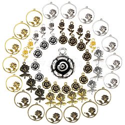 SUNNYCLUE 72Pcs 5 style Alloy Rose Pendants, Lead Free and Cadmium Free, Flower, Mixed Color, 17~35x10~35x2~5mm, Hole: 1.5~2mm, 6pcs/style(PALLOY-SC0003-97)