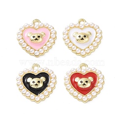 Alloy Enamel Pendants, with ABS Plastic Imitation Pearl, Cadmium Free & Lead Free, Light Gold, Heart with Bear, Mixed Color, 17x16x4mm, Hole: 1.6mm(PALLOY-D011-07LG)