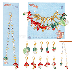 Knitting Row Counter Chains & Locking Stitch Markers Kits, with Mushroom & Cactus Alloy Enamel Pendant and Acrylic Beads, Mixed Color, 3.5~36.2cm, 11pcs/set(HJEW-AB00517)