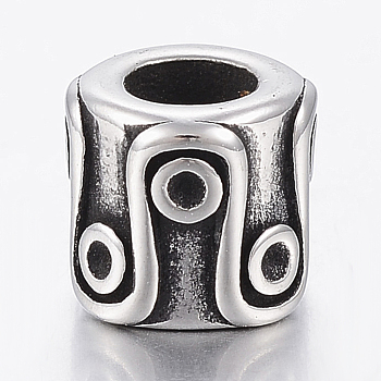 304 Stainless Steel European Beads, Large Hole Beads, Column, Antique Silver, 9x8.5mm, Hole: 5mm