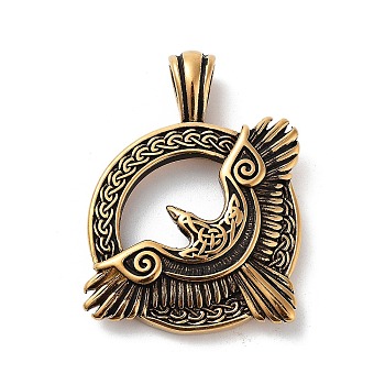 304 Stainless Steel Pendants, Flat Round with Eagle Charm, Antique Golden, 40x30x5.7mm, Hole: 4.8x6mm
