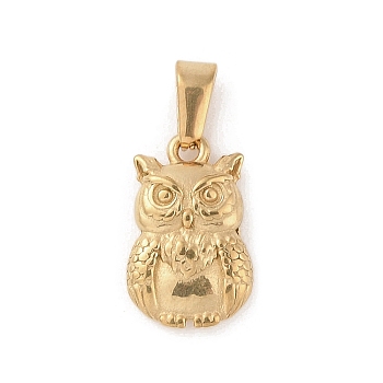 Vacuum Plating 304 Stainless Steel Pendants, Owl Charm, Golden, 15.5x9.5x3.5mm, Hole: 5x2mm