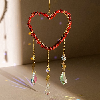 Heart Natural Red Jasper Chips Hanging Ornaments, Glass Leaf Hanging Suncatcher for Home Garden Ornaments, 437mm