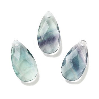 Natural Fluorite Pendants, Faceted Teardrop Charms, 24x12.5x6mm, Hole: 1.2mm