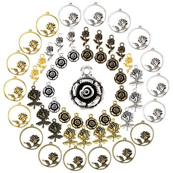 SUNNYCLUE 72Pcs 5 style Alloy Rose Pendants, Lead Free and Cadmium Free, Flower, Mixed Color, 17~35x10~35x2~5mm, Hole: 1.5~2mm, 6pcs/style