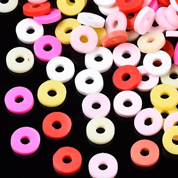 Handmade Polymer Clay Beads, Heishi Beads, for DIY Jewelry Crafts Supplies, Disc/Flat Round, Pink, 6x1mm, Hole: 2mm, about 26000pcs/1000g